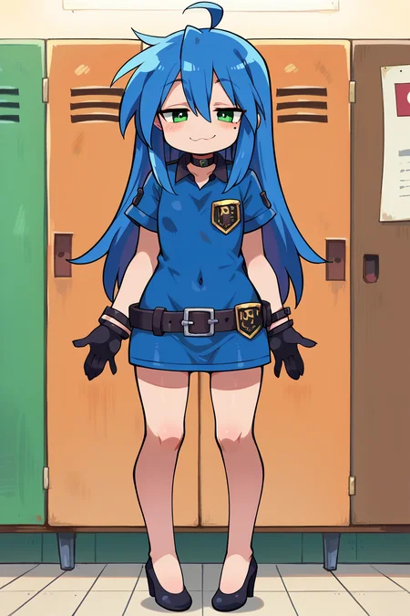 score_9, score_8_up, score_7_up,score_6_up, uncensored, full body,
1girl, solo, <lora:konata:0.7>, Konata Izumi, long hair,blue hair, ahoge, green eyes, mole, petite girl, short girl, cute girl,
indoors, lockerroom, smug,flat breasts,
<lora:Zankuro_Style_Pony:0.5>,
<lora:LOMsSafety:0.7>, police uniform, police badge on belt, blue dress, short sleeves, zipper, belt, black gloves, covered navel, high heels, black choker,