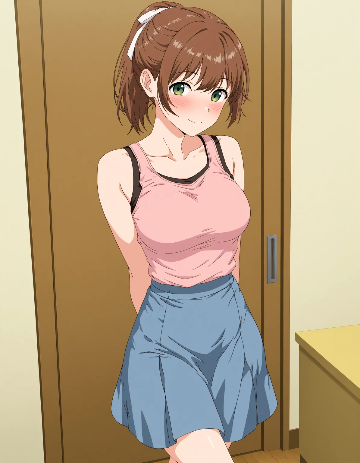 masterpiece, best quality, very aesthetic, absurdres, highres, newest, anime, realistc, darkalx, Kasuga, teen, 1girl, solo, breasts, short hair, looking at viewer, blush, smile, skirt, brown hair, shirt, ribbon, bare shoulders, closed mouth, green eyes, standing, collarbone, hair ribbon, ponytail, sleeveless, blue skirt, arms behind back, indoors, room interior, tank top, pink shirt, crossed legs, standing