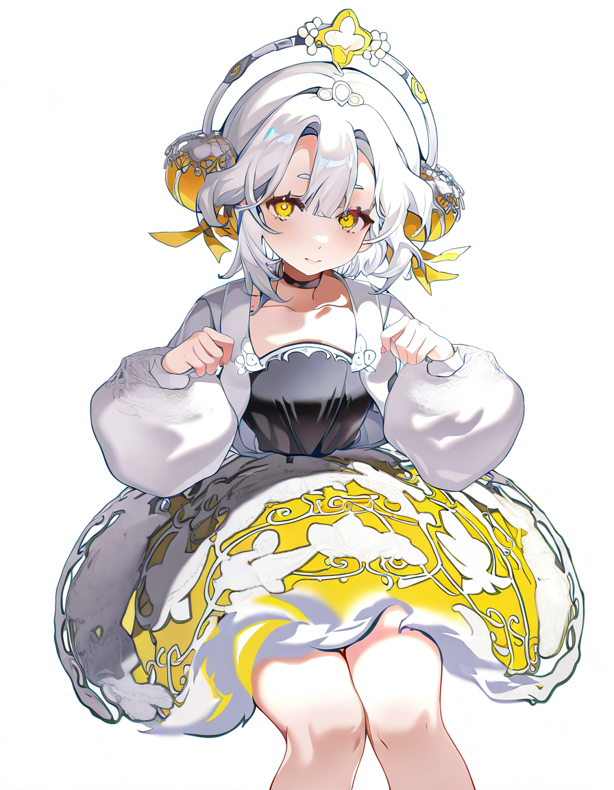 <lora:yinxiangnang-000014:1>,yinxiangnang,1girl,solo,looking at viewer,white background,simple background,cowboy shot,white hair,sitting,, masterpiece, best quality, very aesthetic, absurdres,newest, incredibly absurdres,, (tsukishiro saika:0.8)