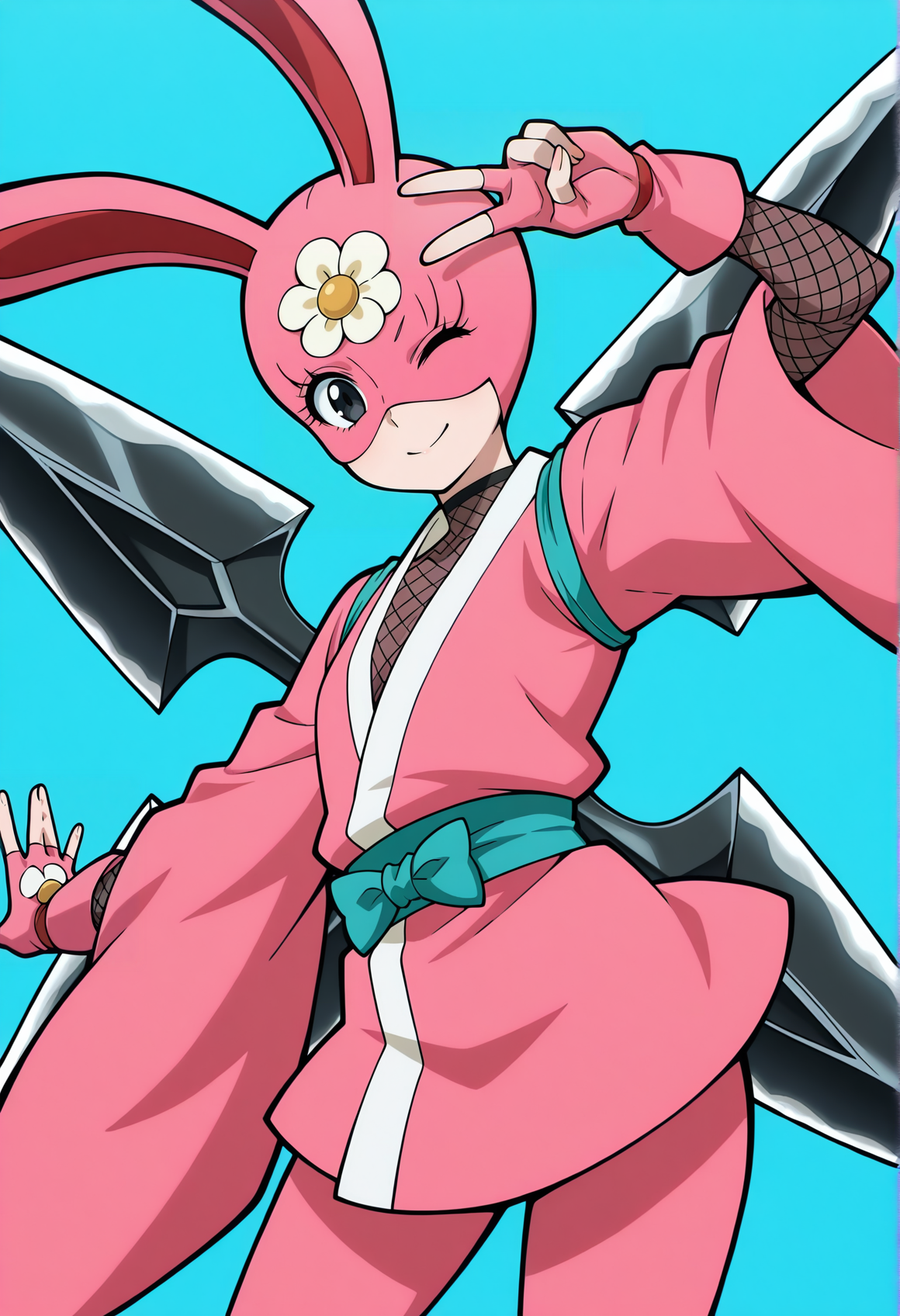 anime screencap, anime coloring, 1girl,  black eyes, ninja, eye mask, pink clothes, bunny ears, flower, wide sleeves, fishnets, fingerless gloves, shuriken, v, wink, fighting stance, blue background, simple background, star \(symbol\),  looking at viewer, cowboy shot  <lora:Ayame_power_stone:1>, masterpiece, best quality, amazing quality, very aesthetic, absurdres, highres, newest