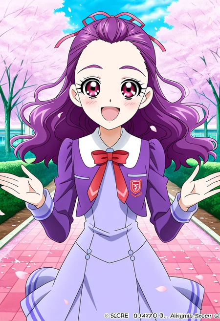 score_9, score_8, score_7, Detailed background, detailed background, outdoor,official art, kurumi, 1girl, solo, school uniform, long hair, smile, ribbon, eyelashes, open mouth, hair ribbon, blush, :d, purple skirt, skirt, petals, happy, looking at viewer, bow, anime style