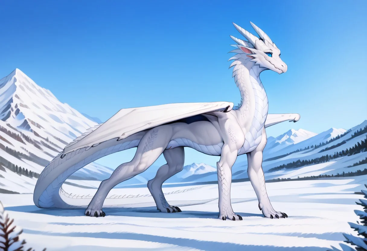 Score_9, score_8_up, score_7_up, score_6_up, score_5_ Feral dragon, female dragon, detailed scales, detailed belly scales white dragon, white scales, blue eyes (best possible eyes), female, tail, white horns, black claws, spikes, naked, cute, cute face, athletic body, tall, digitigrade legs, svelte body, 4 fingers, quadruped, outdoors, snowy mountain, snow, walking, cameltoe, puffy pussy, swolen pussy, cute, innocent, friendly, jovial, welcoming smile, beautiful landscape, very large dragon