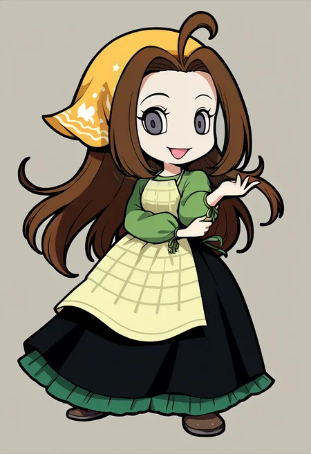 score_9, score_8_up, score_7_up, source_anime, BREAK, solo, 1girl, looking at viewer, smile, <lora:PQ-Style-pdxl_Fp:1>, simple background, full body, chibi, <lora:Celia-pdxl_Fp:1>, celiahm, brown hair, grey eyes, ahoge, long hair, bandana, green shirt, apron, skirt,