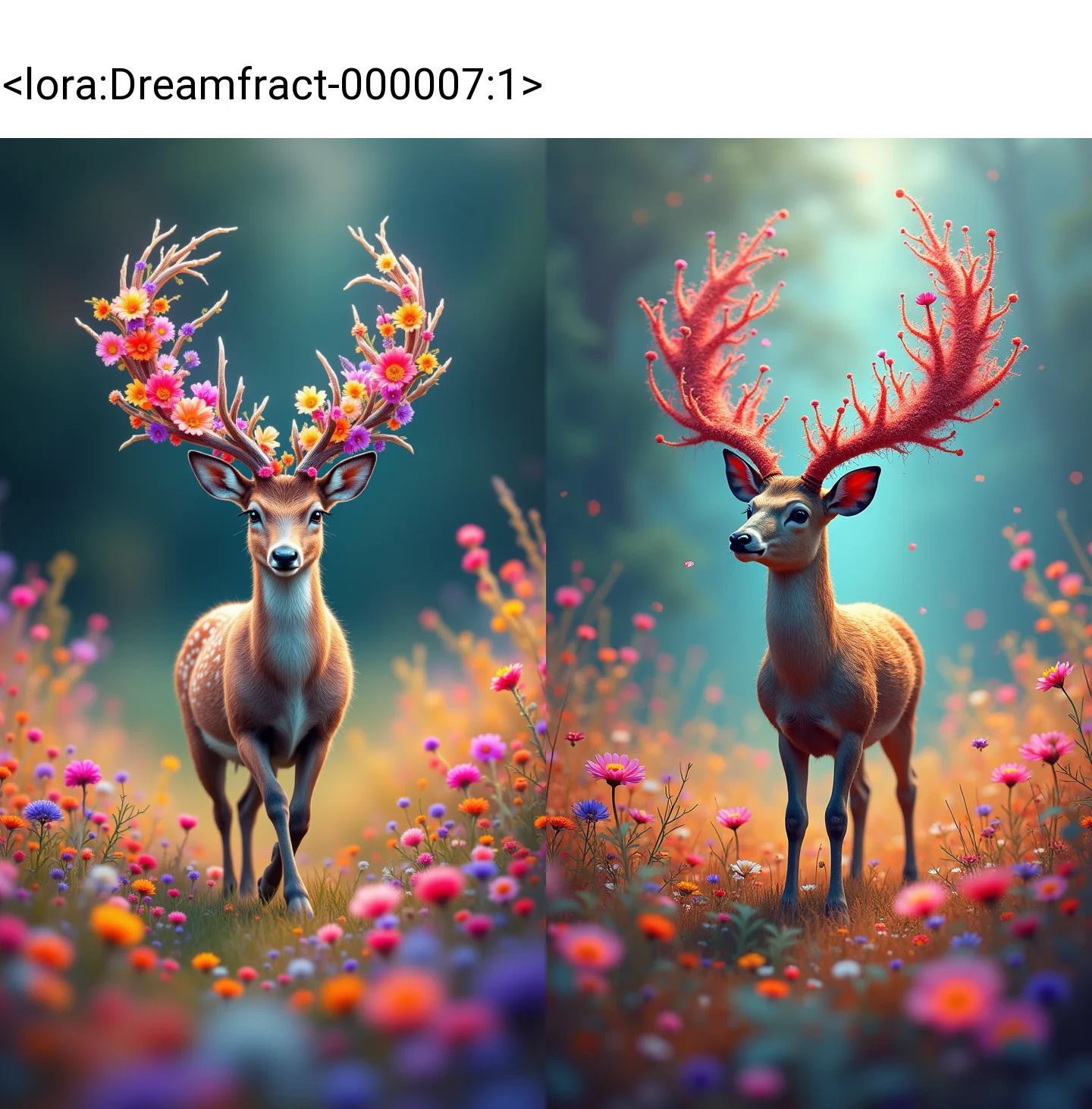 in the style of jedffd, dreamlike fantasy painting, colorful brushstroke textures, surreal chaos, glitchcore accents, fractal flows, vibrant abstract fantasy, Miniature deer with fractal antlers blooming into colorful flowers, prancing through a surreal meadow of glowing fractal grass, double exposure style with soft light leaks, <lora:Dreamfract-000007:1>