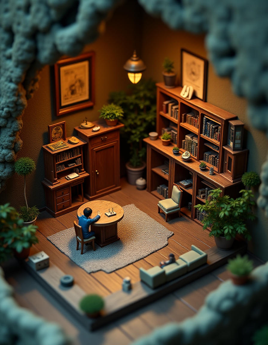 (indoor,very wide isometric view,tilt-shift lens:1.6), (miniature,diorama,no_realistic,no_photo:2) of (stasis _chamber:1.5), library