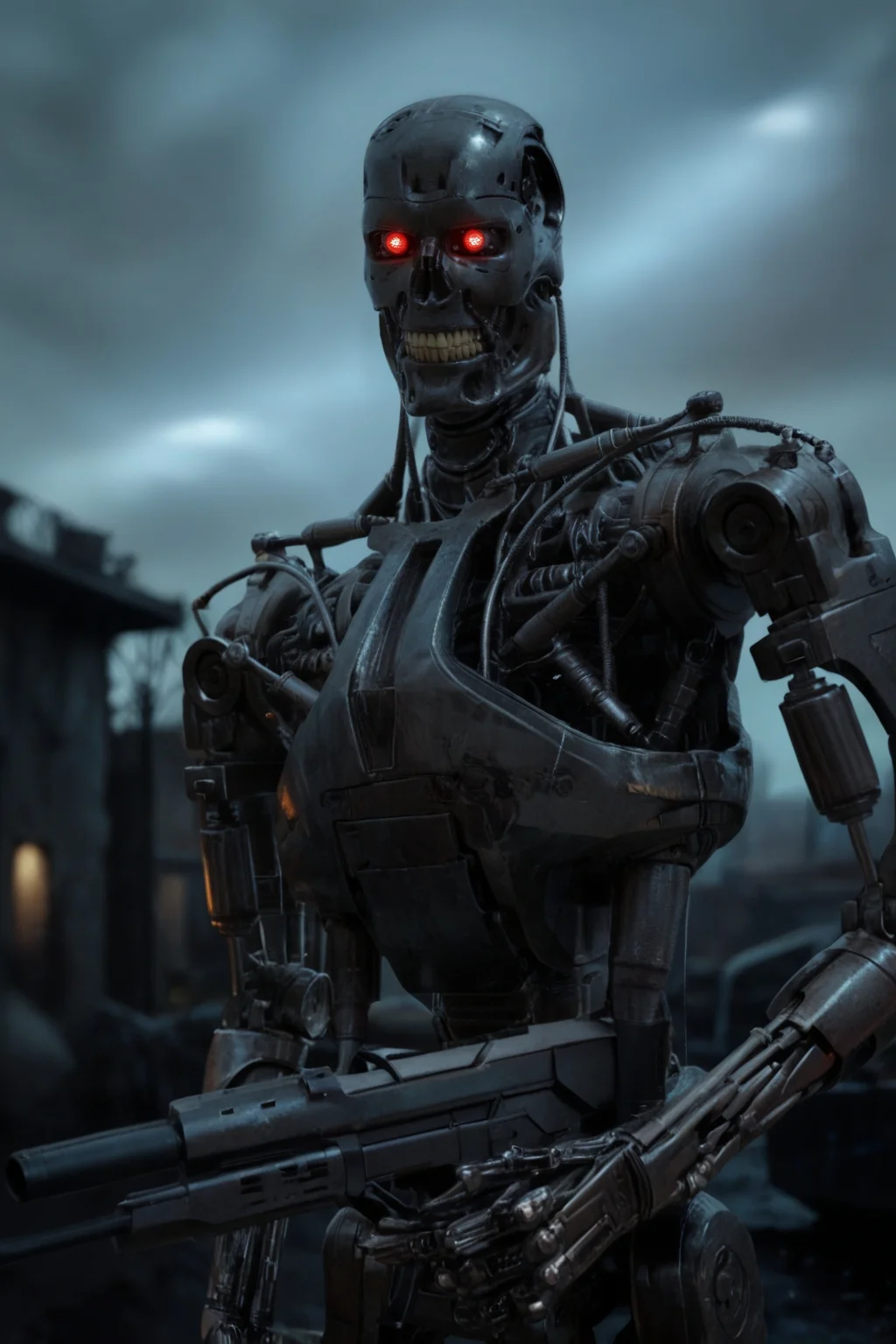 T800_Endo, Terminator robot, score_9, score_8_up, score_7_up, (source_IRL, source_movie), cinematic, realistic, masterpiece, high quality, highres RAW photo, ((upper body shot))
a T800_Endo Terminator Robot with glowing red eyes, he is made of metal, <lora:T800_Endo_Terminator_Pony_v1-000019:1>
(standing, holding a futuristic gun: 1.2)
in a destroyed apocalyptic city, dark cloudy skies, Apocalyptic Landscape, destroyed city
dynamic lighting, highly detailed, intricate details, shadows, dark, at night