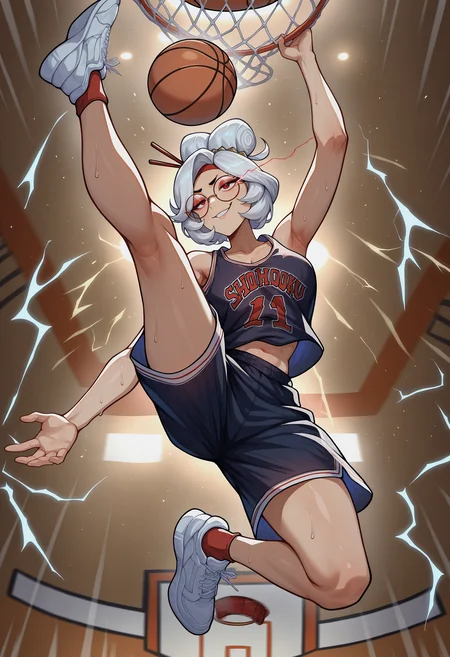masterpiece, best quality, newest, absurdres, highres, basketball uniform, black uniform, motion lines, motion blur, 1girl, high ponytail, basketball, holding basket, character name, eye trail, electricity, indoors, (purah:0.7), smirk, glasses, flying, shoes, full body, arm up, slam dunk \(basketball\), hanging, net, wide shot,