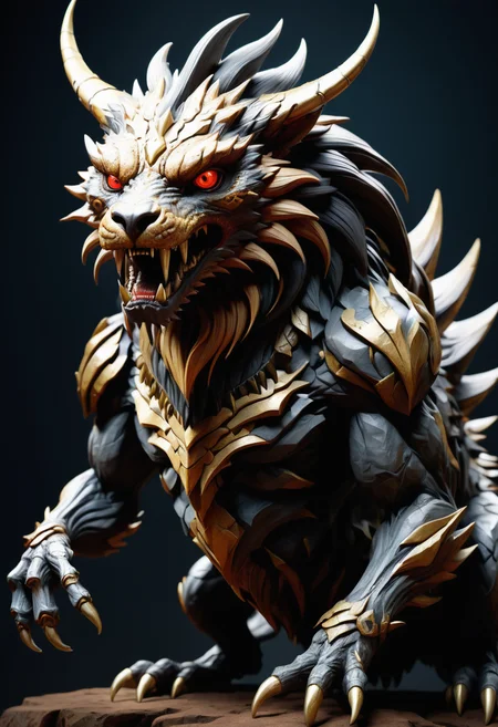hyper detailed masterpiece, dynamic, awesome quality, kachima, Mysterious shape-shifter, appearing as a menacing hybrid animal creature, elusive and powerful, cunning, trickery