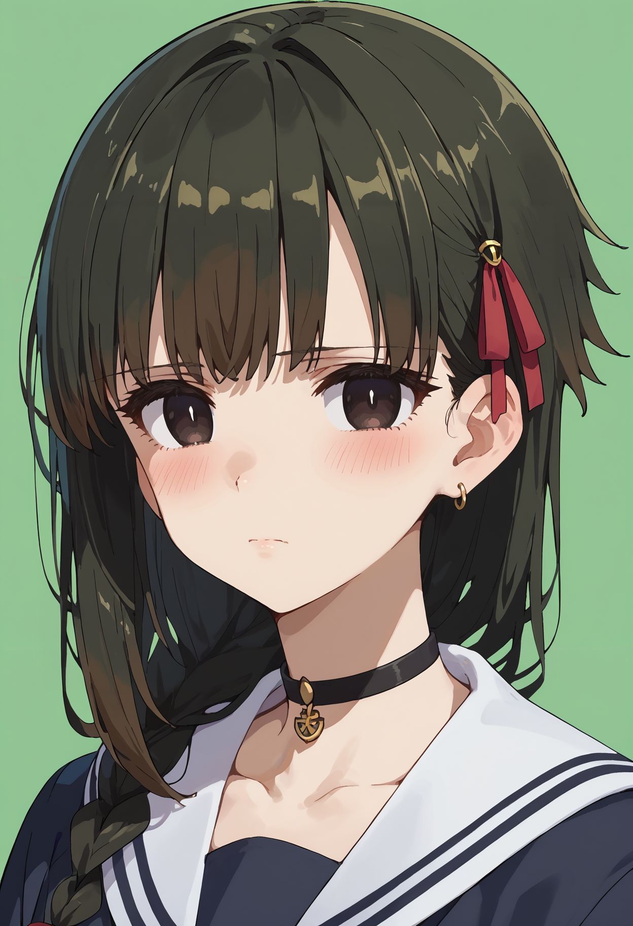 score_9,score_8_up,score_7_up, <lora:yuki_yokoya_pdxl_goofy:1>yuki yokoya, looking at viewer, black choker, jewelry, white sailor collar, earrings, multicolored hair, green background, school uniform, simple background, closed mouth, collarbone, portrait, blush, 1girl, serafuku, hair ribbon