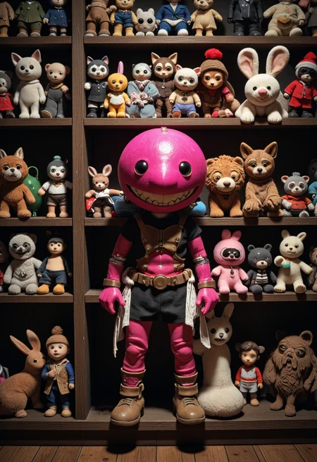 <lora:Pieper-Puppet-023:0.8>,A shelf filled with stuffed animals of all shapes and sizes.,glossy paper, iso150, 35mm, score_9, intricate details, Hyperrealism style, 3d, concept-art, dreaminess, psychedelic, shallow-depth-of-field, cinematic lighting, soft bokeh, very beautiful composition, Unreal, real-time 3D, Epic Games style, Unreal Engine style, 3d-rendering, vibrant contrast depth and shadow enhanced using (Gaussian blur) for a soft background focus, (sharpen filter) applied, (color grading) to enhance contrast between warm and cool tones, (noise reduction) for a smooth, clean finish, (HDR toning) used for extra depth and detail, highly detailed dreamy background detailed skin texture, subsurface scattering award-winning, professional, highly detailed, dreamlike, mysterious, provocative, symbolic, intricate, detailed, hyper-detailed, masterpiece, award winning, midjourneyv6.1
