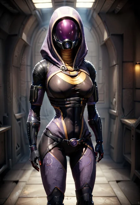 Tali Zorah, 1girl, solo, looking at viewer, medium breasts, wide hips, big ass, full body view, (cinematic color grading lighting vintage realistic film grain scratches celluloid analog cool shadows warm highlights soft focus actor directed cinematography technicolor :1.3)