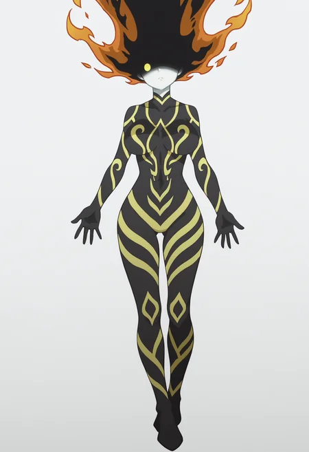 score_9, score_8_up, score_7_up, anime screencap, BREAK
1girl, dimaria, long hair, yellow eyes, no pupils, fiery hair, one eye,
bodysuit, colored skin, glowing, large breasts, neon trim, no nipples, thigh gap,
standing, full body, solo, looking at viewer, (simple background, white background:1.3) <lora:DimariaYestaGodSoulPDXL_byKonan:1>