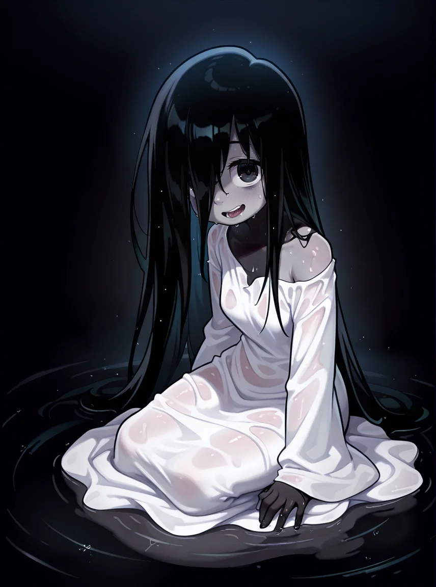 masterpiece, best quality, amazing quality, very aesthetic,absurdres, Sadako ,grey skin, white gown , long black hair, wet skin ,cute face, detailed black skin, black background , woman