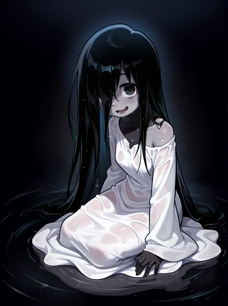 masterpiece, best quality, amazing quality, very aesthetic,absurdres, Sadako ,grey skin, white gown , long black hair, wet skin ,cute face, detailed black skin, black background , woman