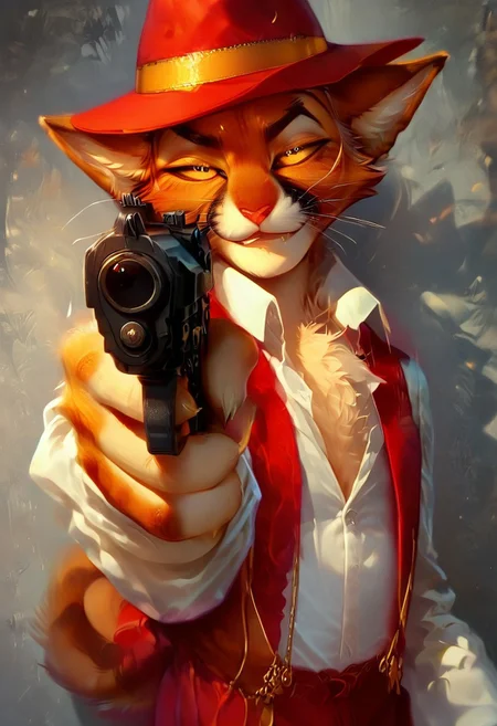 score_9, score_8_up, score_7_up, nsfw, curvy, femboy, DorianZibowski[LACKADAISY], Zib[LACKADAISY], orange fur, orange body, yellow sclera, colored sclera, black pupils, feline, animal ears, anthro, yellow markings, black markings, tail, cat tail, tabby cat, striped fur, striped, pointed ears, eyebrows, smiling, (male anthro cat:1.3), chest tuft, fluffy chest, furry, furry anthro, solo,
red pants, red hat, red fedora, suspenders, white collared shirt, white sleeves, white shirt, red vest,  smokey environment,
holding_gun , handgun, pistol, aiming gun at viewer, aiming, 
half-closed eyes, horny expression, hands, clothed, dutch angle, posing, from front, seductive pose, seductive smile, looking at viewer, standing, 
BREAK
inside, on stage, speakeasy, band, spotlight, ambient light, shadows, cinematic,