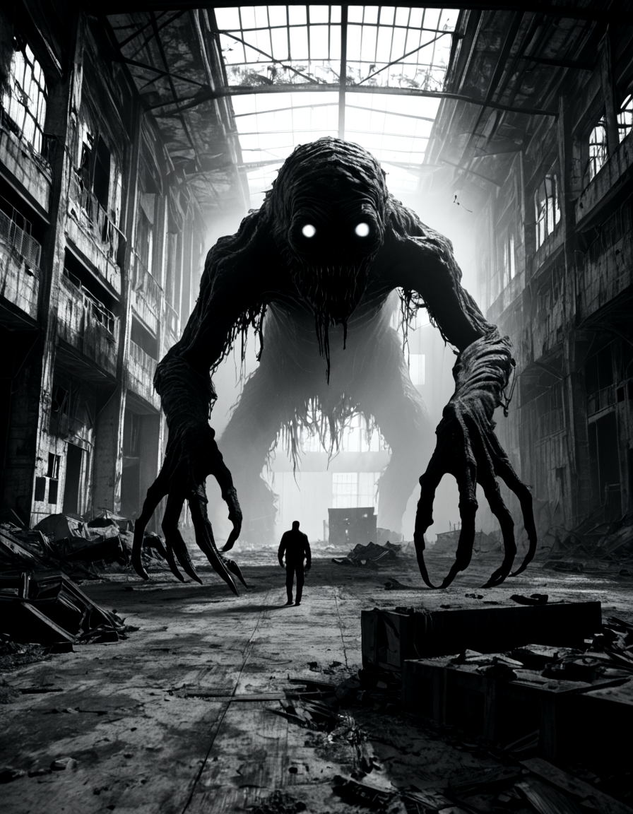 score_9, score_8_up, score_7_up, horrorcctvlora, monochrome, abandoned building, monster, greyscale, dark, glowing eyes