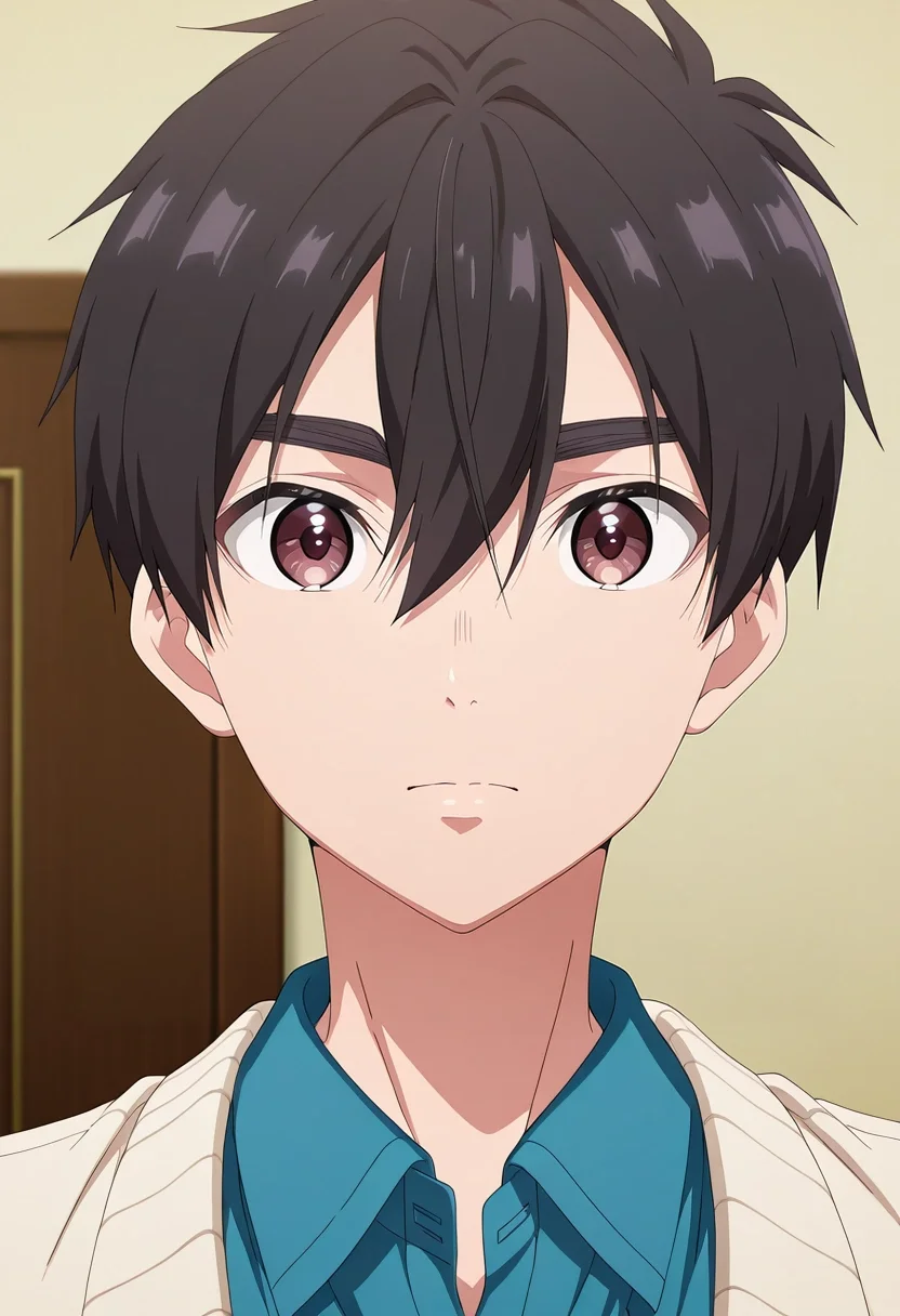 masterpiece, best quality, , anime screencap, anime coloring, official style, looking at viewer, 1boy, solo, male focus, <lora:rentarou_aijou_ilxl:0.92>, rentarou_aijou, black hair, brown eyes, short hair, hair between eyes, bangs, ,