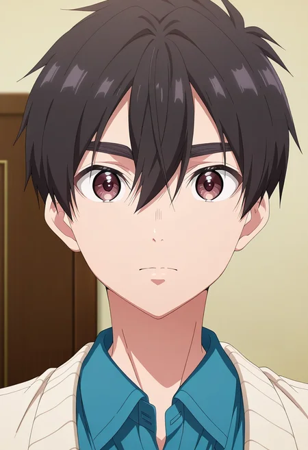 masterpiece, best quality, , anime screencap, anime coloring, official style, looking at viewer, 1boy, solo, male focus, <lora:rentarou_aijou_ilxl:0.92>, rentarou_aijou, black hair, brown eyes, short hair, hair between eyes, bangs, ,