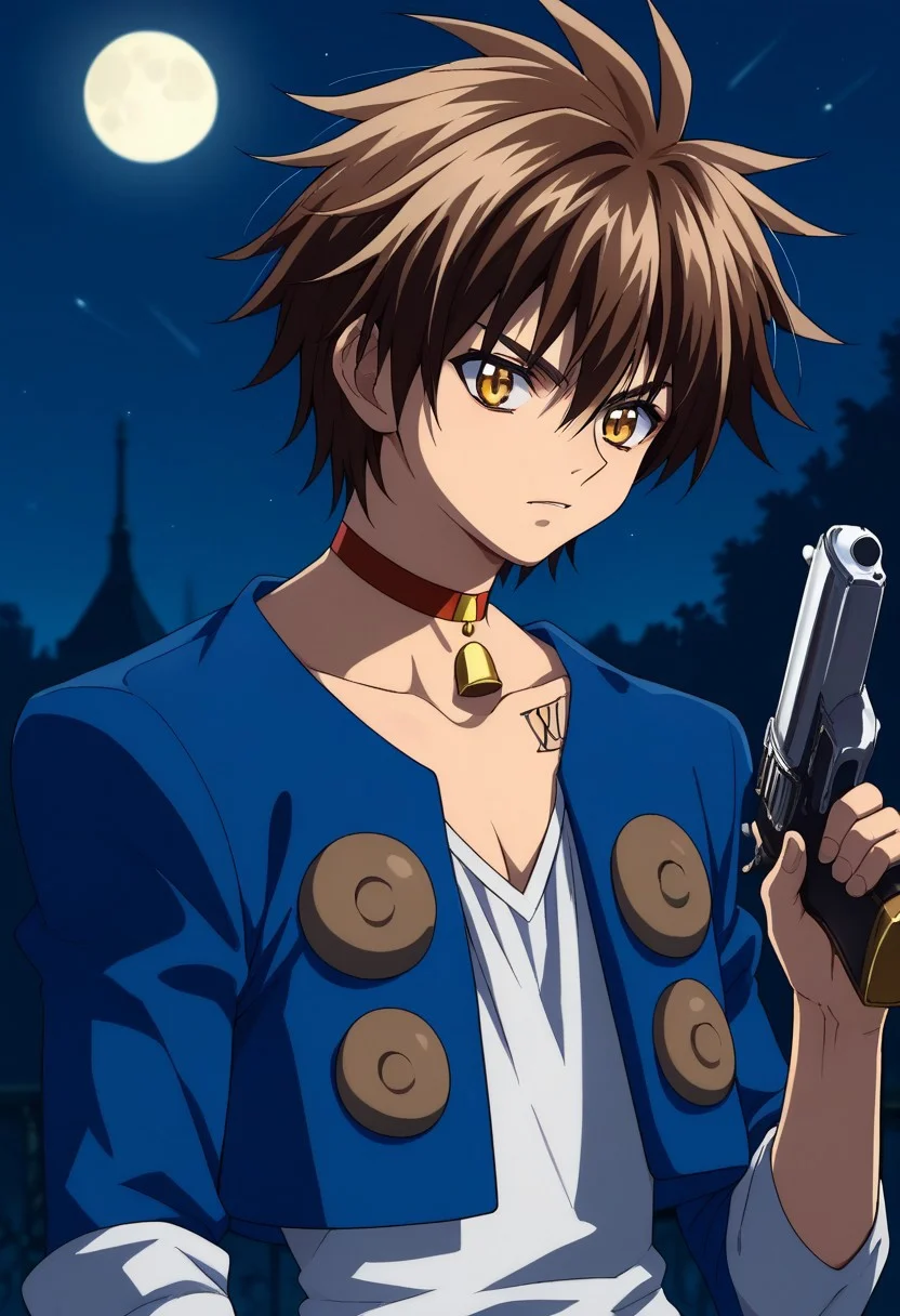 score_9, score_8_up, score_7_up, source_anime, highly detailed,
TraiHea, weapon, gun, solo, brown hair, 1boy, male focus, yellow eyes, choker, handgun, bell, neck bell, jacket, blue jacket, rolled up sleeves, white shirt, upper body, medium hair,
outdoor, night, moon,