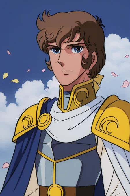 <lora:VersaillesnoBara:1>, VersaillesnoBara, retro artstyle, 1boy, male focus, blue eyes, armor, solo, cape, sky, upper body, brown hair, cloud, looking at viewer, day, outdoors, blue sky, belt, blue cape, breastplate, short hair, shoulder armor, white cape, petals, flower