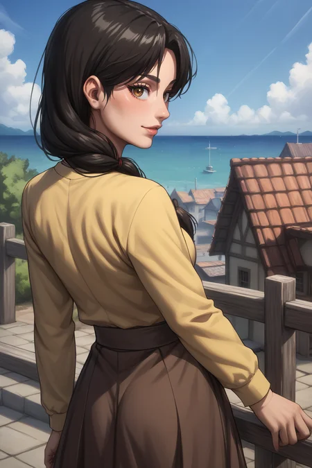 score_9, score_8_up, score_7_up, BREAK source_anime, <lora:carla yeager-PonyXL-lora-Faxtron:0.8> carla yeager, single hair, tucked-in yellow shirt, long sleeves, brown skirt,