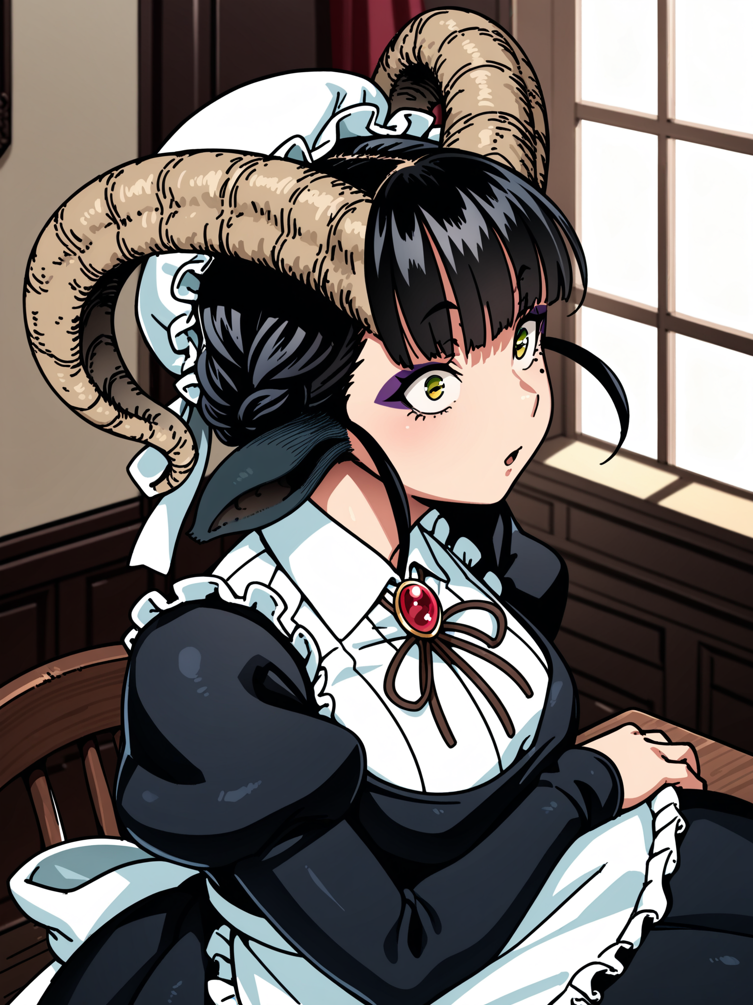 <lora:happy_tentacle-maya-v0.6-000026:0.9>, ht_maya, satyr, goat girl, goat horns, goat tail, hooves, yellow eyes, eyeshadow, maid, apron, mob cap, collared shirt, long sleeves, puffy sleeves, juliet sleeves, brooch, indoors , 1girl, solo, upper body , half-closed eyes , ( surprised :1.2), , looking at viewer , , from side , score_9, score_8_up, score_7_up, score_6_up, score_5_up, score_4_up