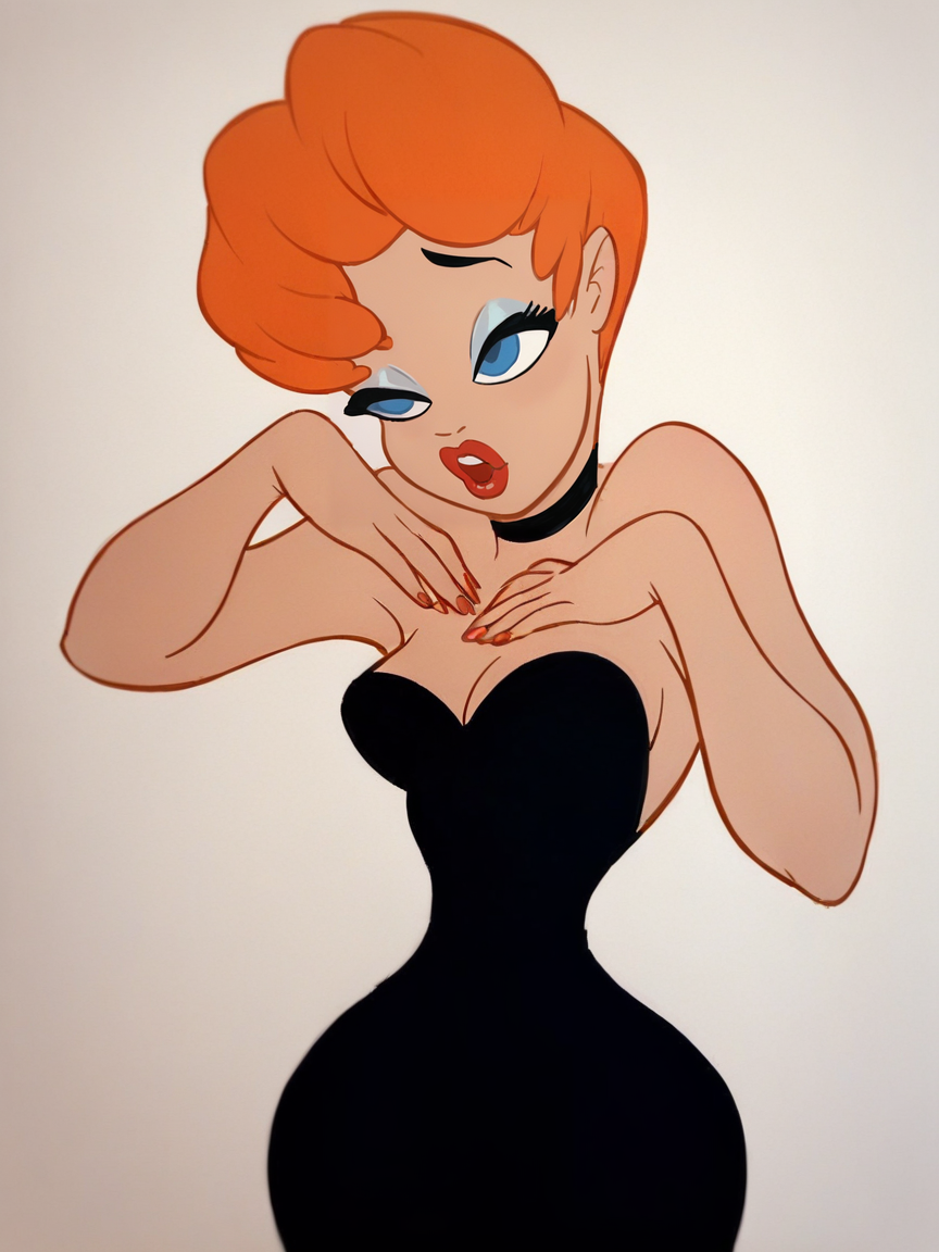 score_9, score_8_up, score_7_up, score_6_up, score_5_up,  <lora:texaveryXLP:1> tex avery, 1girl, orange hair, solo, lipstick, blue eyes, short hair, black dress,