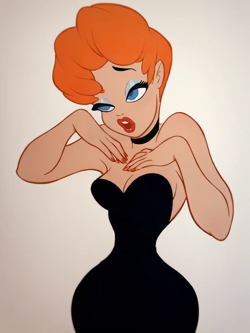 score_9, score_8_up, score_7_up, score_6_up, score_5_up, <lora:texaveryXLP:1> tex avery, 1girl, orange hair, solo, lipstick, blue eyes, short hair, black dress,