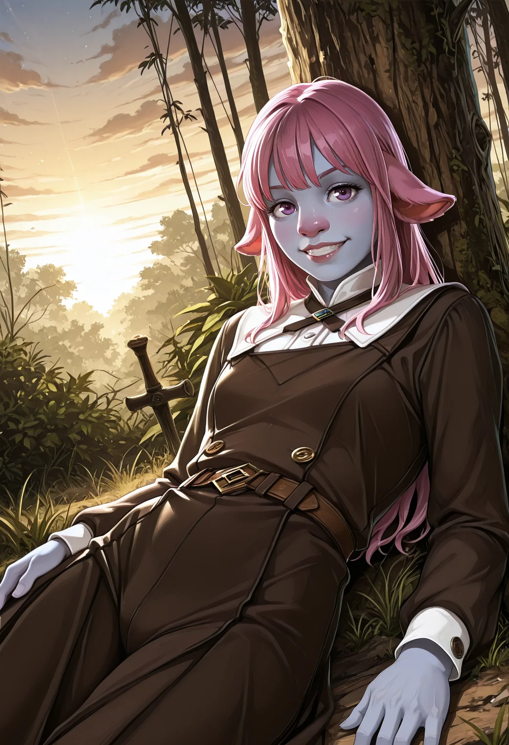 very awa, lineart, [sei shoujo], [yoshiten], style parody, [bang dream!], [arcane: league of legends], [league of legends], (dynamic angle:1.3), (cowboy shot:1.2) BREAK 1girl, solo, <lora:Firbolg:0.7> (Firbolg:1.3), furry, (big nose:1.2), animal ears, (sidewise floppy ears), deep pink hair, fade cut hair, purple eyes, (light blue skin:1.2), stocky body, , flat chested, perfect hands, dark lips, (inspired), wide grin,side eye BREAK wearing rustic hooded (detailed yellow_orange and pale black leather pinafore dress), round back with criss cross tie up, gaiters, BREAK medieval, fantasy, outdoors, detailed landscape, tropical jungle, trees, overgrown jungle, trees, debris,shrubs,grass, reclining, sitting, yokozuwari , arms relaxed, against tree, winter, winter_clothes, sunrise, soft light, long shadows, yellow sky, gradient sky, cloudy sky, sunlight,, cinematic lighting BREAK <lora:Expression_Detailer_Illustrious_Lora:0.7> <lora:DarkerThanDarkIllustriousV1:0.5> <lora:Bongf_Style_Illu_Edition:0.7> BNGF-Illu