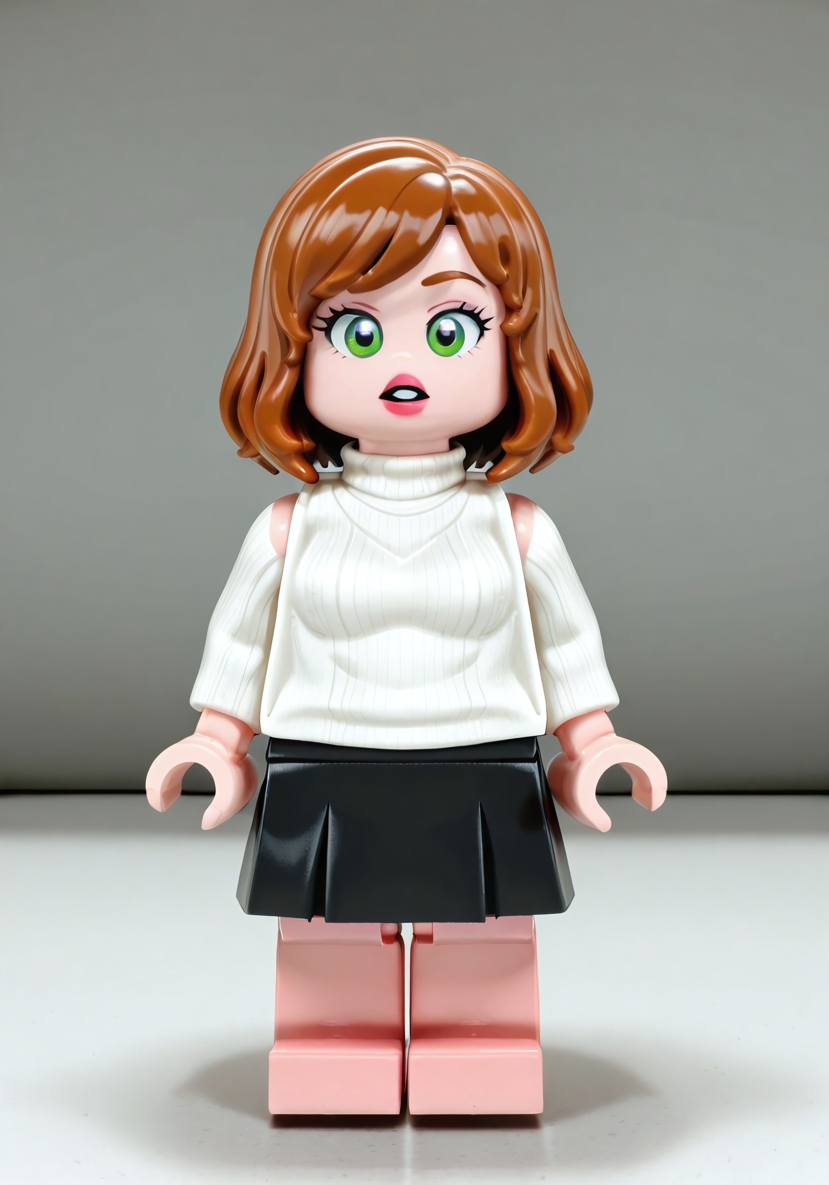 masterpiece,best quality,amazing quality, 
1girl, solo,  <lora:LegoMinifigV10IllustriousXL:1> legominifig, G1na, brown hair, green eyes, white turtleneck sweater, black skirt,
looking at viewer, 
 