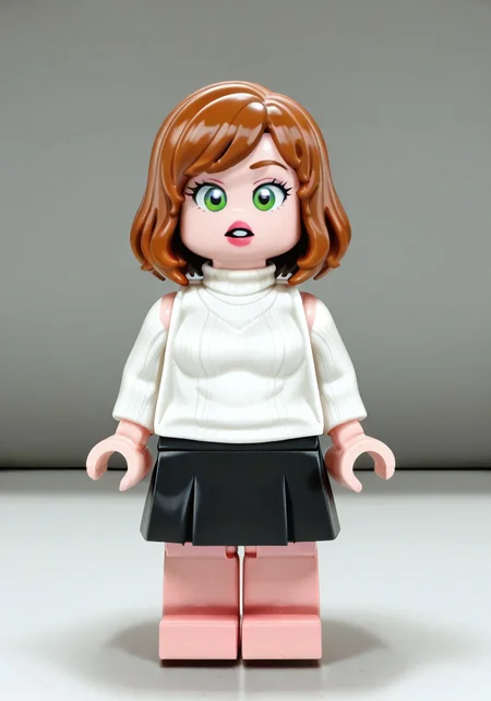 masterpiece,best quality,amazing quality,
1girl, solo, <lora:LegoMinifigV10IllustriousXL:1> legominifig, G1na, brown hair, green eyes, white turtleneck sweater, black skirt,
looking at viewer,