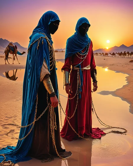 male hooded human sorcerer standing at a desert oasis, velvet, chains, water, reflections, sunset hour, intense colors, high contrast, camels, Bedouin warriors, <lora:add-detail-xl:1.0>, <lora:xl_more_art-full_v1:0.4>, <lora:XSfenlie:1> fenliexl, <lora:lora:1>, realistic photo