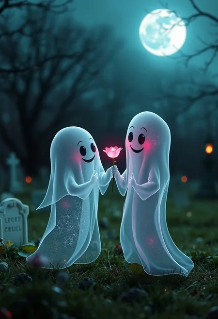 A hyper-stylized image of a cute Halloween ghost couple spending time together in an enchanted graveyard. One ghost, a charming, transparent figure with a sweet, smiling face, is offering the other ghost a pretty pink flower. The flower glows and sparkles with a magical, ethereal light, adding to the overall sense of whimsical, supernatural charm. The ghost being offered the flower is blushing, its transparent face glowing with a soft, pink hue. The air is filled with a spooky, romantic atmosphere, with a few wispy, ghostly strands of fog and mist adding to the overall sense of enchantment. The graveyard is a beautiful, moonlit landscape, with a few subtle, glowing tombstones and a full moon hanging low in the sky. The overall effect is one of eerie, whimsical romance, as if the ghosts are enjoying a magical, supernatural date. highest-Quality, intricate details, visually stunning, Masterpiece