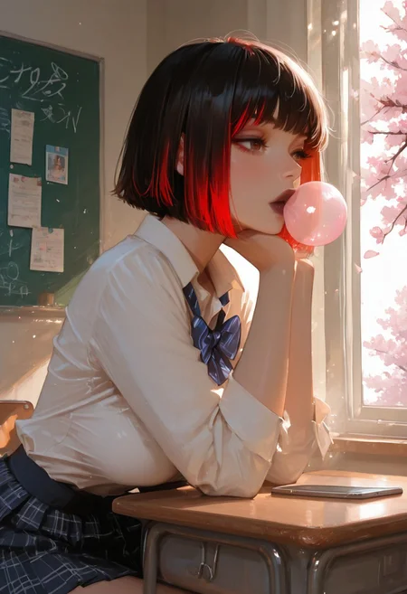 score_9, score_8_up, score_7_up, score_6_up, score_5_up, score_4_up, Cinematic Lighting, Volumetric Lighting, Bloom, Post Processing, Perfest Anatomy, Extermy Ely Detailed Eyes and Face, Perfect Eyes. 8K,
1girl, Solo,
Brown eyes, big eyes, dark lips, pierced lips.(black hair)bob cut,short hair, flat bangs, (red highlights in hair),cute, two-tone hair, gyaru,
slim figure, narrow waist, wide hips, (high breasts)(big breasts) round breasts, perfectly round breasts, perfect round butt
-- clothes -- loose socks, sweater, skirt, school uniform, fully dressed,
BREAK
A girl is sitting in a classroom at school, ((sitting on a chair at a desk) bored, leaning forward.chewing gum, ((tits resting on desk))looking at phone, schoolroom, Cherry blossoms outside the window. Cherry blossoms, bright day, sun rays, summer indoors.
(Close-up)((focus on the torso))side view,
(realistic style photo)(realistic:1.2) dynamic lighting, warm lighting, dreamy lighting, realistic volumetric lighting
<lora:DandonFuga_Style_v.2_-_Pony:0.65>