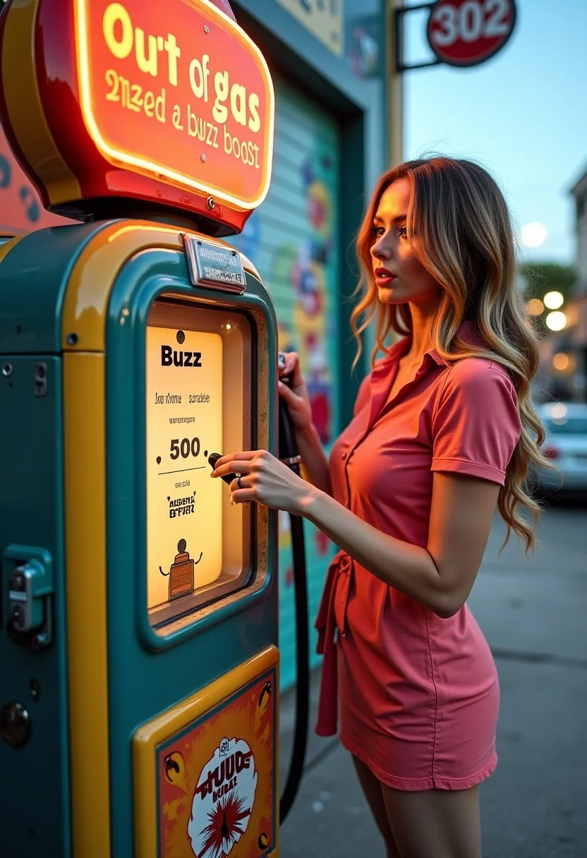 Imagine a woman dressed in modern, chic attire standing beside a vintage gas pump that reads "Buzz" instead of fuel. The pump’s gauge is almost empty, with a small drip of glowing liquid about to fall. She’s holding the nozzle with a playful, exaggerated look of panic, as if she’s running out of creative energy. The sign above the pump humorously reads: “Out of Gas, Need a Buzz Boost!” The backdrop is an artistic cityscape with murals and street art, reflecting creativity. The scene combines humor and urgency with a stylish, relatable vibe.