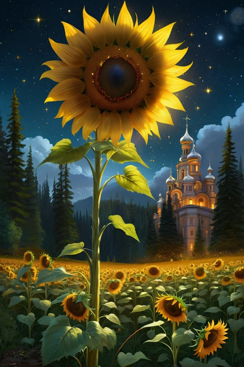 sunflower forest clearing with golden blooms, collapsed celestial observatories where star-map mosaics bloom with night flowers, their remaining towers hosting firefly-constellation artists, cinematic view, epic sky, detailed, concept art, low angle, high detail, warm lighting, volumetric, godrays, vivid, beautiful, trending on artstation, by jordan grimmer, huge scene, grass, art greg rutkowski,
<lora:detailed_notrigger:0.7>, <lora:add-detail-xl:0.3>, oil painting art style from Renaissance period, masterful composition, Renaissance mood, renaissance oil painting, brush strokes, Baroque art style, dynamic composition, dramatic lighting, rich colors, intricate details, professional-grade execution, captures the grandeur and theatricality of the Baroque period