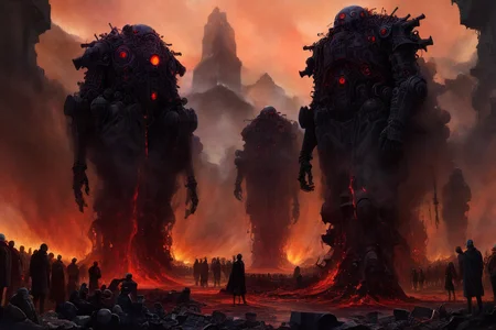 photorealistic, absurdres, red ink, complex, shrouded in dark smoke, black smoke, industrial wasteland, multiple fires, half submerged in a black oil pool, refection, masterpiece from a different dimension, complex detailed reflections, black rocks, mountain range, (ancient broken giant robots scattered, size difference:1.3), <lora:pdcxl_v2_CivitAI:0.25>, <lora:EdobHorrorLandscape_XL_v1.0:0.25> EdobHorrorLandscape, <lora:PE_EpicLand:0.35> PEEpicLand, illustration, epic battle, 2 armies, <lora:crowd_notrigger:1> <lora:detailed_notrigger:1>, <lora:saturated_colors:1> <lora:Beksinski_SDXL_V2:0.65>