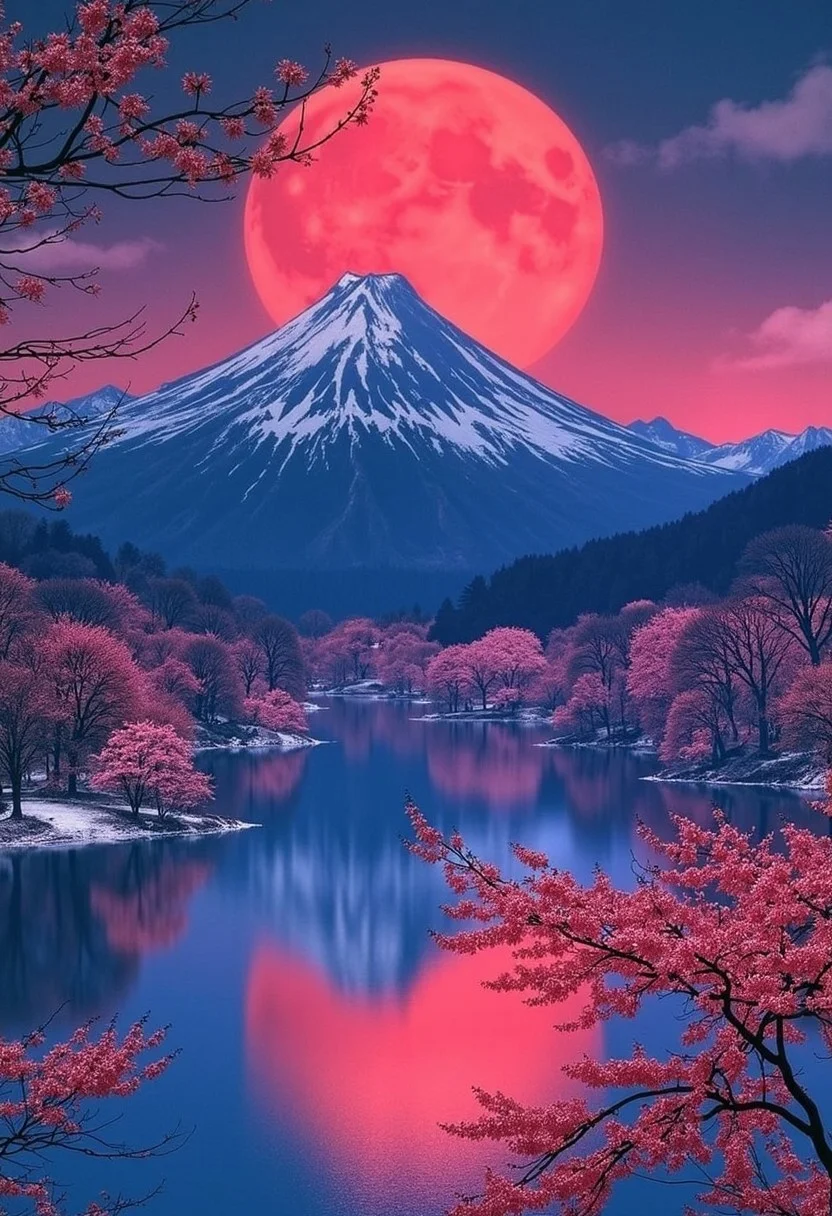 psychedelic night winter landscape, (stunning artwork) sakura garden, serene mountains, sparkling lake, (dark red full moon) hazy atmosphere, snow-covered terrain, (perfect composition) low angle perspective, (award-winning masterpiece) ultra-detailed, breathtaking colors, magical mystique, vivid imagery, (8k) (UHD), (in the style of grimmold) artistic flair, captivating seasonal harmony