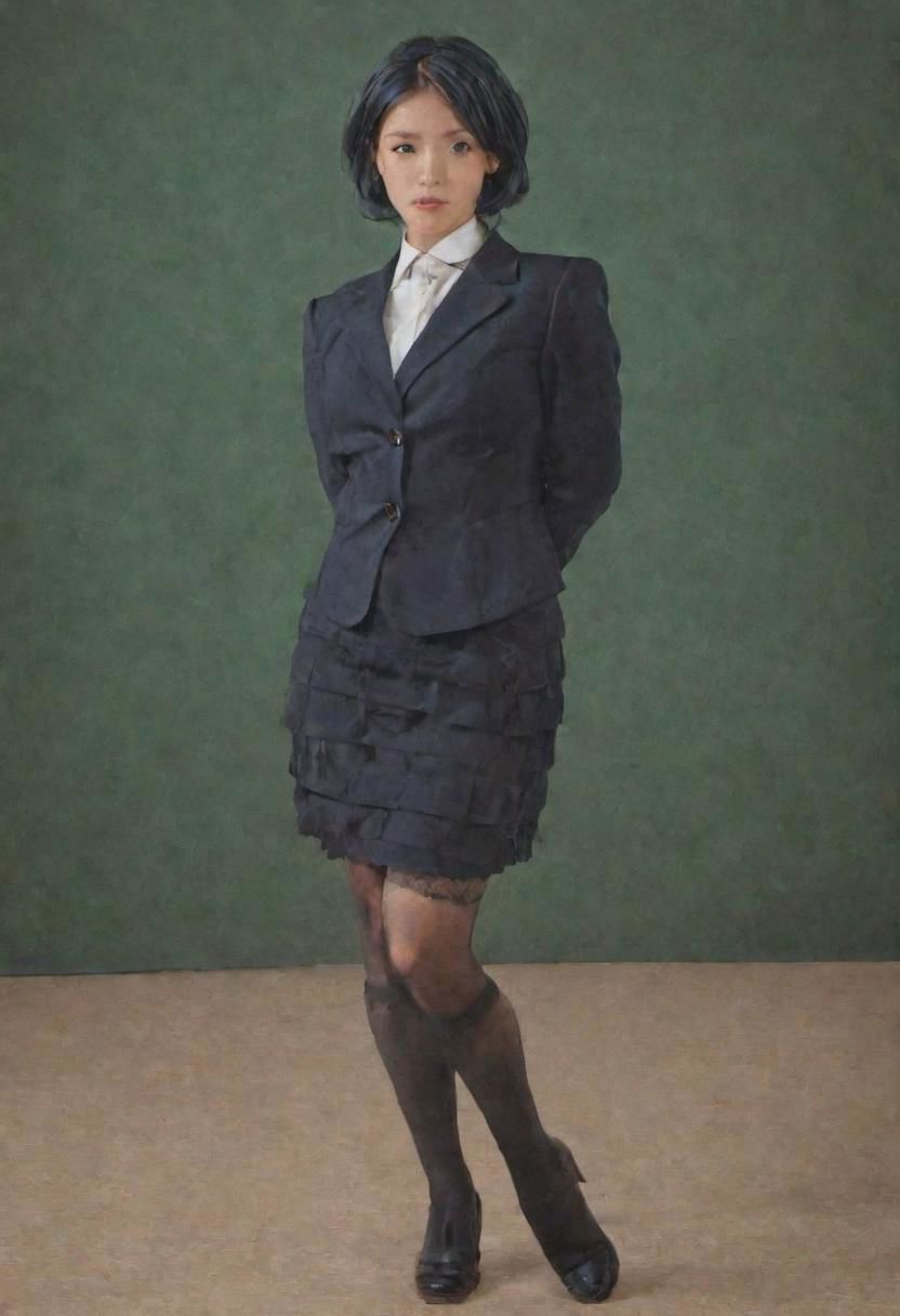 1girl, solo, (Masterpiece, hyperrealism) teacher, realistic skin, (looking at camera, classroom, formal attire, standing pose, wearing buttoned blouse:1.2, wearing dark blue blazer:1.2, wearing frilly skirt above the knee, wearing black stockings, young figure), fit body, ((curled hair, short hair, green hair)), highly detailed background, ultra high resolution, 4k uhd