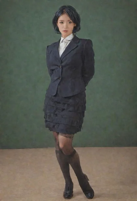 1girl, solo, (Masterpiece, hyperrealism) teacher, realistic skin, (looking at camera, classroom, formal attire, standing pose, wearing buttoned blouse:1.2, wearing dark blue blazer:1.2, wearing frilly skirt above the knee, wearing black stockings, young figure), fit body, ((curled hair, short hair, green hair)), highly detailed background, ultra high resolution, 4k uhd