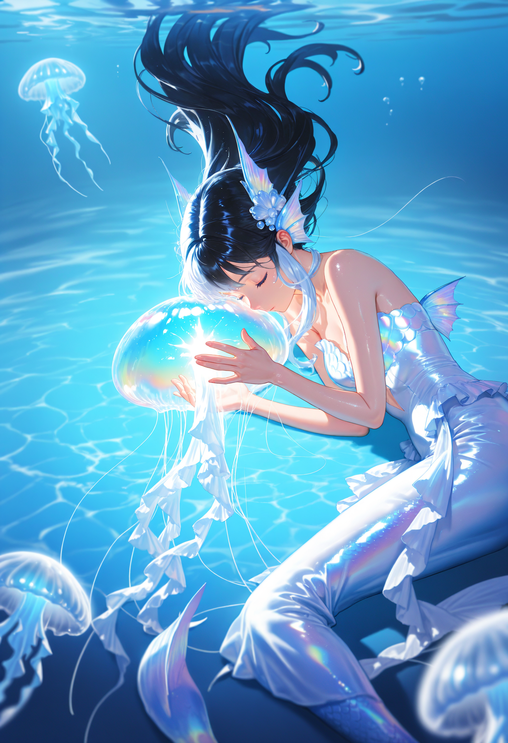 (high_quality, newest, incredibly_absurdres, very aesthetic, zbrush_\(artwork\), depth_of_field, grainy_texture, 5_fingers, digital_painting_\(artwork\), vignetting, flat_colors, anime_coloring)
(MMC-Illu, bubbles, mermaid, fins, head_fins, 1girl, light_theme, underwater, floating_hair, crystal, white_hair, sidelocks, scales, headgear, glowing, caustics, (iridescent_body:1.4, shiny_skin:1.4), glint, long hair, black hair, jellyfish, solo, closed eyes, dress, hair ornament, blue theme, lying, jewelry, white dress)