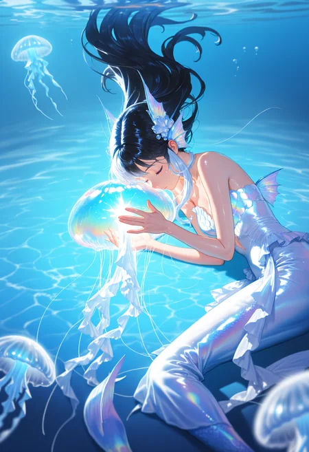 (high_quality, newest, incredibly_absurdres, very aesthetic, zbrush_\(artwork\), depth_of_field, grainy_texture, 5_fingers, digital_painting_\(artwork\), vignetting, flat_colors, anime_coloring)
(MMC-Illu, bubbles, mermaid, fins, head_fins, 1girl, light_theme, underwater, floating_hair, crystal, white_hair, sidelocks, scales, headgear, glowing, caustics, (iridescent_body:1.4, shiny_skin:1.4), glint, long hair, black hair, jellyfish, solo, closed eyes, dress, hair ornament, blue theme, lying, jewelry, white dress)