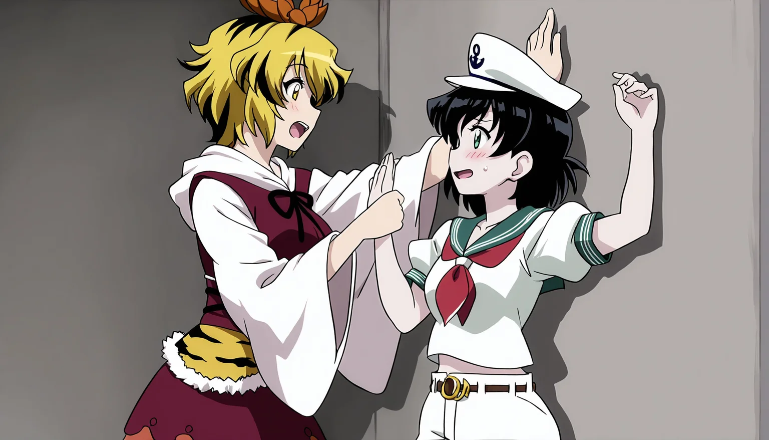 masterpiece,best quality,<lora:tgm-noob05:1>,anime coloring,
multiple girls,murasa minamitsu,toramaru shou,2girls,hat,blonde hair,short hair,black hair,short sleeves,white shorts,yuri,kabedon,blush,open mouth,looking at another,wide sleeves,sailor collar,shirt,multicolored hair,against wall,yellow eyes,white shirt,long sleeves,green eyes,white headwear,sailor hat,neckerchief,bangs,red neckerchief,hair ornament,shorts,dress,holding another's wrist,puffy sleeves,shadow,tiger print,two-tone hair,wall,hair between eyes,streaked hair,animal print,puffy short sleeves,hands up,sweat,hood,eye contact,sailor shirt,belt,standing,anchor symbol,sweatdrop,collarbone,teeth,arm up,hand up,green sailor collar,breasts,white pants,pants,sailor,