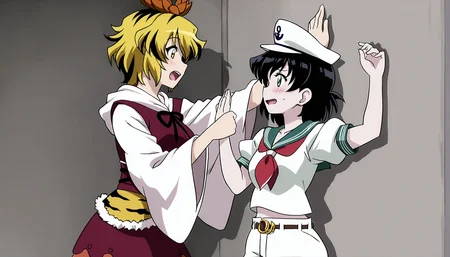 masterpiece,best quality,<lora:tgm-noob05:1>,anime coloring,
multiple girls,murasa minamitsu,toramaru shou,2girls,hat,blonde hair,short hair,black hair,short sleeves,white shorts,yuri,kabedon,blush,open mouth,looking at another,wide sleeves,sailor collar,shirt,multicolored hair,against wall,yellow eyes,white shirt,long sleeves,green eyes,white headwear,sailor hat,neckerchief,bangs,red neckerchief,hair ornament,shorts,dress,holding another's wrist,puffy sleeves,shadow,tiger print,two-tone hair,wall,hair between eyes,streaked hair,animal print,puffy short sleeves,hands up,sweat,hood,eye contact,sailor shirt,belt,standing,anchor symbol,sweatdrop,collarbone,teeth,arm up,hand up,green sailor collar,breasts,white pants,pants,sailor,