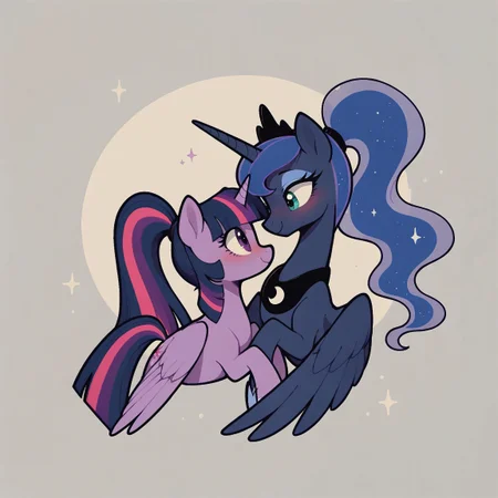 safe_pos, score_9, score_8_up, score_7_up, score_6_up, score_5_up, score_4_up, princess luna, twilight sparkle, alicorn, cute, female, lesbian, looking at each other, mare, mare on mare, ponytail, hug, duo, (colored wingtips), love, blushing