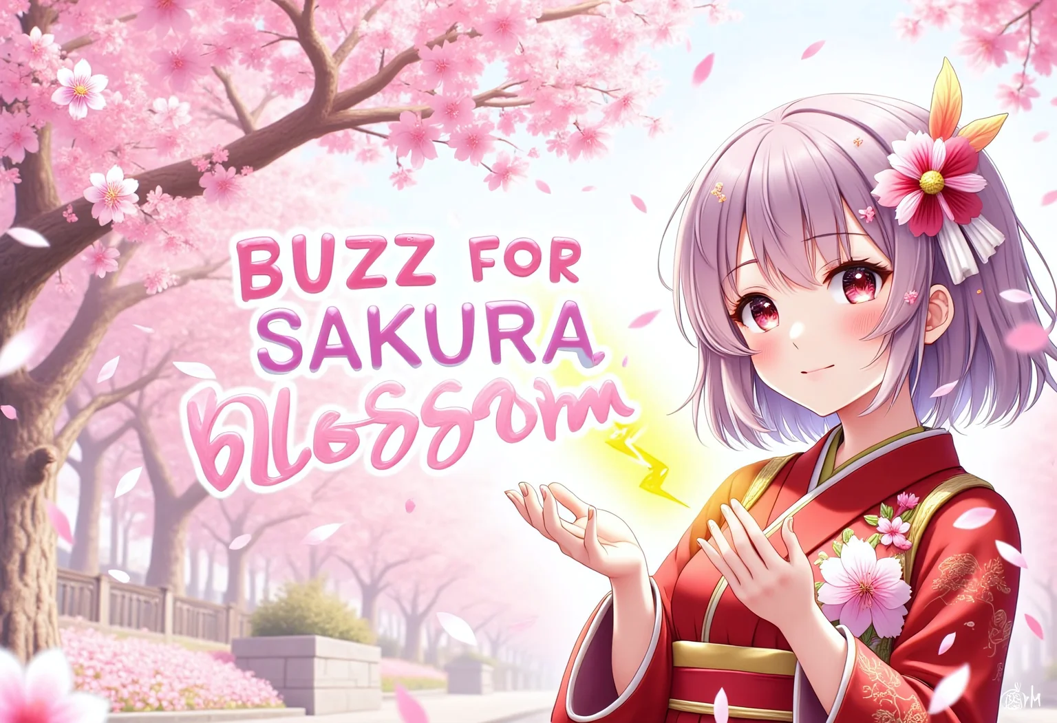 aidmatextimprover, sakura petals rain, sakura tree, 1girl, asian girl in red kimono, spring, sunny, yellow lightning in hands girl,
Text:"BUZZ FOR SAKURA BLOSSOM".