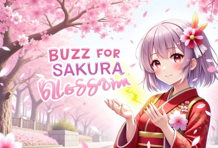 aidmatextimprover, sakura petals rain, sakura tree, 1girl, asian girl in red kimono, spring, sunny, yellow lightning in hands girl,
Text:"BUZZ FOR SAKURA BLOSSOM".