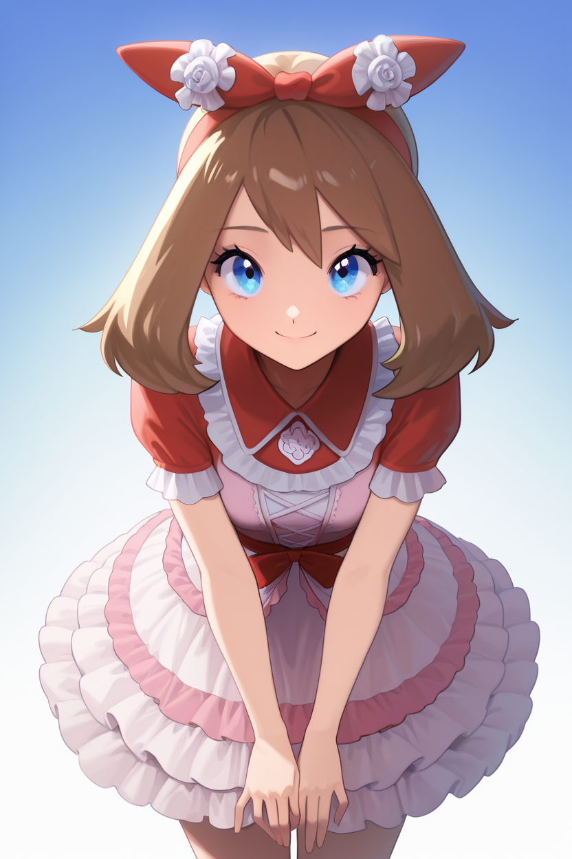 masterpiece, best quality, 1girl, solo, beautiful eyes, zzMay, may (pokemon), solo, brown hair, blue eyes, medium hair,  <lora:MayPokemonIXL_v2:1.0>, <lora:LFashionIXL_v2:1.0>, zzLFashion, frilled dress, frills, bow, dress, , cowboy shot, leaning forward, smile, looking at viewer, shiny skin,