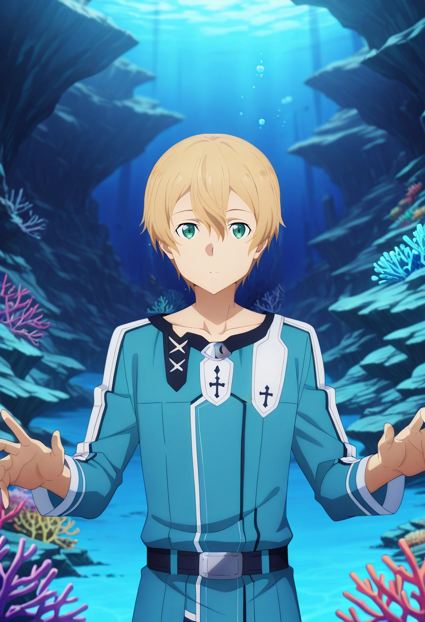 masterpiece, best quality, intricate details, anime screencap, anime coloring, official style, looking at viewer, 1boy, solo, male focus, <lora:eugeo_sao_ilxl:0.94>, eugeo_sao, blonde hair, green eyes, bangs, hair between eyes, short hair, , underwater cave, coral formations, bioluminescent walls, hidden treasures, exploring pose, curious expression, aqua glow,