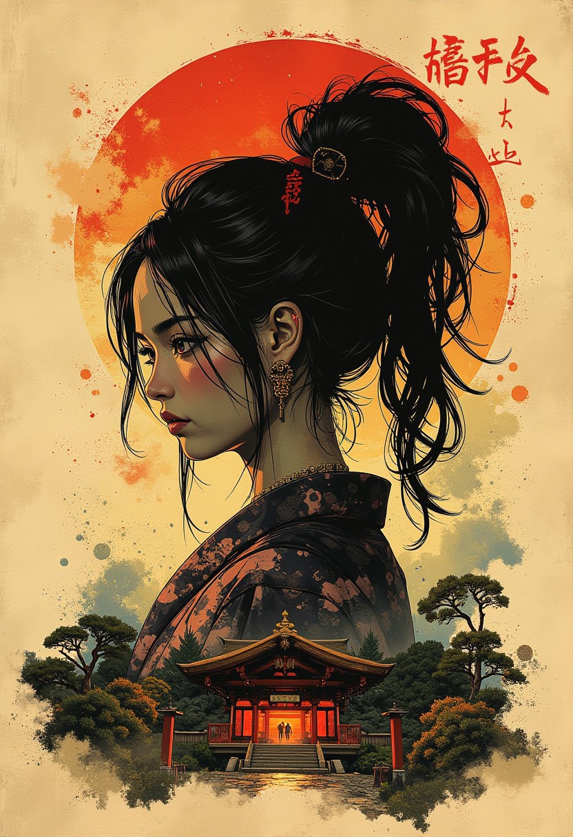 nistyle, Inkplash art on rice paper, sepia, henna , Silhouette Art, magnificent, inksplash poster art,  double image, crisp lines, shinto shrine, fantasy Japanese princess, bangs, sidelocks, earrings, necklaces